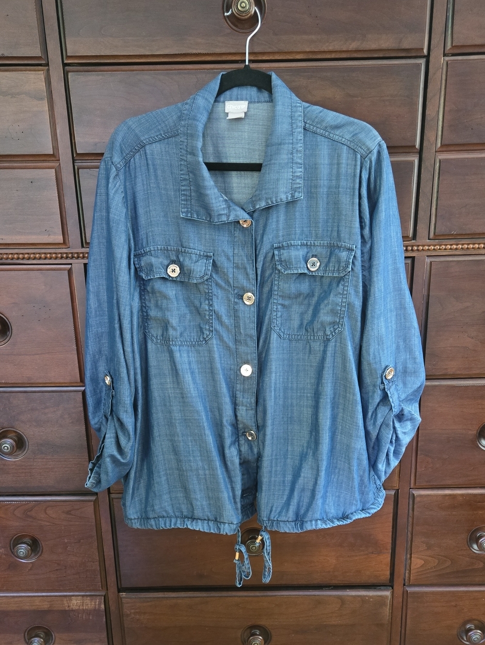 Chico's Blue Denim Chambray-Style Button Front Jacket Size 3. Great condition!
